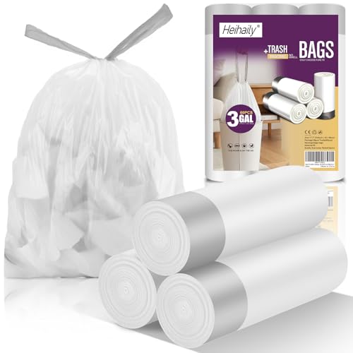 Small 3 Gallon Garbage Bags - Heihaily 60 Counts Unscented Drawstring Kitchen Trash Bags Bulk Thick Disposable Clear White Plastic Wastebasket Liners for Restroom Office Bathroom Bedroom - style: 3Gal white 60 Counts