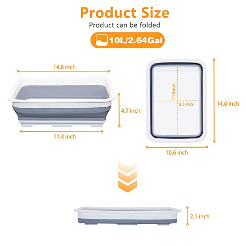 Goderewild Collapsible Dish Pans – 10L (2.6 Gal) Foldable Sink Tub, 14.5'' x 10.5'' x 5", Compact and Space-Saving Multiuse Foldable Basin for Dish Washing, Camping, RV and Vegetable Cleaning - color: Gray