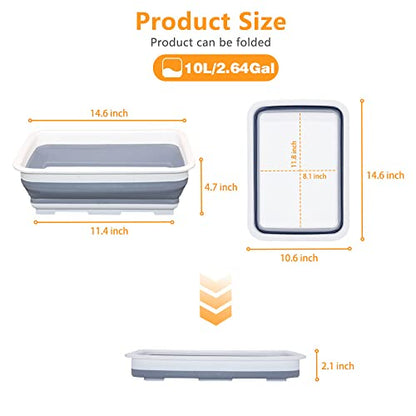 Goderewild Collapsible Dish Pans – 10L (2.6 Gal) Foldable Sink Tub, 14.5'' x 10.5'' x 5", Compact and Space-Saving Multiuse Foldable Basin for Dish Washing, Camping, RV and Vegetable Cleaning - color: Gray