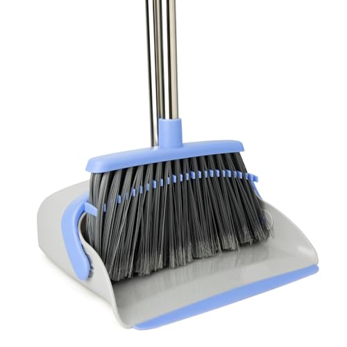 Broom and Dustpan Combo Set, Long Handle and Standing Dust Pan with Comb Teeth, Efficient Floor Cleaning for Kitchen, Outdoor, Dorm, Apartment, Office Lobby (Gray Blue) - color: Gray Blue