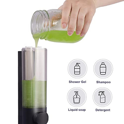 300ml Soap Dispenser Wall Mount, Manual Hand Shampoo Shower Gel Dispenser Lotion Container for Bathroom Kitchen, 1 Chamber Shampoo and Conditioner Dispenser Black