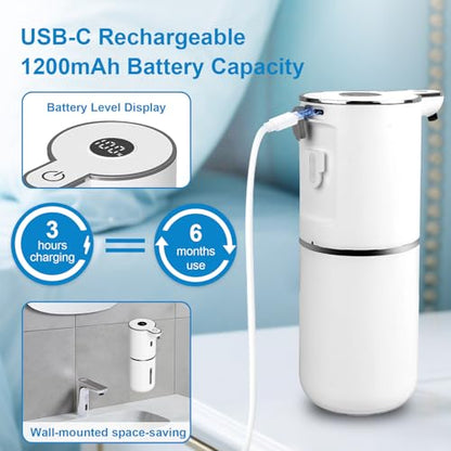 OHIFAST Automatic Foaming Soap Dispenser Touchless, USB Rechargeable Smart Hand Soap Dispenser, 6-Level Adjustable, 12.8oz/380mL Wall Mounted for Bathroom Kitchen Dish Soap-White - color: White, style: Foam