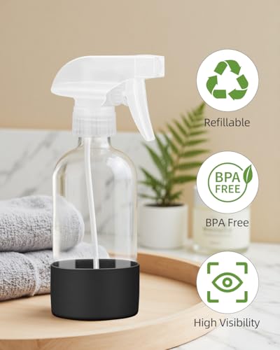 Worldgsb 2 Pack Glass Spray Bottles 8 oz, Empty Refillable Containers with Silicone Sleeve Protection, Glass Spray Bottles for Cleaning Solutions, Hair and Plants with Adjustable Nozzles Black - color: Black