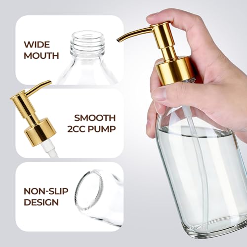 8 oz Clear Glass Pump Bottle, 250ml Small Lotion Dispenser Bottle for Body Massage Oil, Refillable Empty Hand and Dish Soap Dispensers Set with Plastic Golden Pump, Labels - 2 Pack - color: Clear With Golden Pump