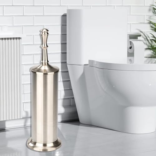 J&V TEXTILES Industrial Toilet Brush, Toilet Bowl Brush with Extra Long Handle Durable Bristles Toilet Scrubber and Covered Holder for Toilet Brush Set (Brished Satin Nickel) - color: Brished Satin Nickel