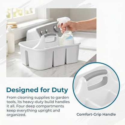Large Plastic Utility Caddy with 4 Compartments – Heavy-Duty Storage Organizer for Cleaning Supplies, Sponges & Spray Bottles – Easy-Carry Handle (White)