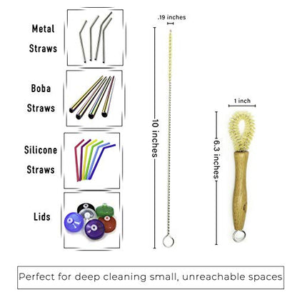 All Natural Bottle Brush and Straw Set (NO Plastic) Sisal Bristles and Wood Handle Bottle Cleaners for Washing Narrow Beer Bottles, Sports/Water Bottles, Tumbler, Kettles, Lid Brush, Long Straw Brush