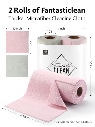 Fantasticlean Kitchen Towels - 40 Sheets - Reusable Washable Dishcloth Rolls, Super Absorbent, Premium Microfiber Cleaning Cloths, 10'' by 10'' (Pink,Grayish) - color: Pink and Grayish