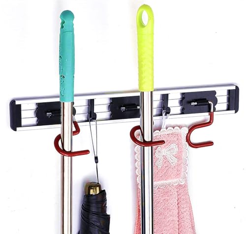 Wall Mounted Mop and Broom Holder Stainless Steel S Type Broom Rack Anti-Slip Mop Organizer (16.5 Inches,3 Positions 2 Hooks, Red black) - size: 3 Positions
