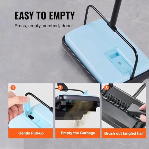 Carpet Sweeper Manual - Floor Sweeper for Home Office, 6.7" Cleaning Width, 300ml Dustbin, Pet Hair Removal, Cordless, Blue
