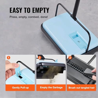 Carpet Sweeper Manual - Floor Sweeper for Home Office, 6.7" Cleaning Width, 300ml Dustbin, Pet Hair Removal, Cordless, Blue