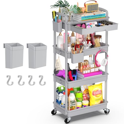 Goovilla 4 Tier Rolling Utility Cart Organizer with Removable Drawer, Stable and Sturdy Grey Rolling Storage Carts with 2 Lockable Wheels for Bathroom, Kitchen, Snack, Craft, Makeup, Baby Essentials - size: 4 Tier, style: Gray