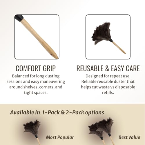 Ostrich Feather Duster with Wooden Handle 14" – Natural Reusable Feather Duster for Cleaning, Furniture & Shelves, Blinds, Ceiling Fan, Dusting Tool for Home, Office, Delicate Surfaces - 1 Pack - size: 1 Pack