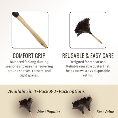 Ostrich Feather Duster with Wooden Handle 14" – Natural Reusable Feather Duster for Cleaning, Furniture & Shelves, Blinds, Ceiling Fan, Dusting Tool for Home, Office, Delicate Surfaces - 1 Pack - size: 1 Pack
