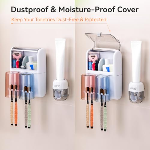 Toothbrush Holder Wall Mounted with Automatic Toothpaste Dispenser, Dustproof Flip Cover and Inverted Cup Slots, Multi-Functional No-Drill Bathroom Organizer for Family, Space Saver (2 Cups) - color: 2 Cups