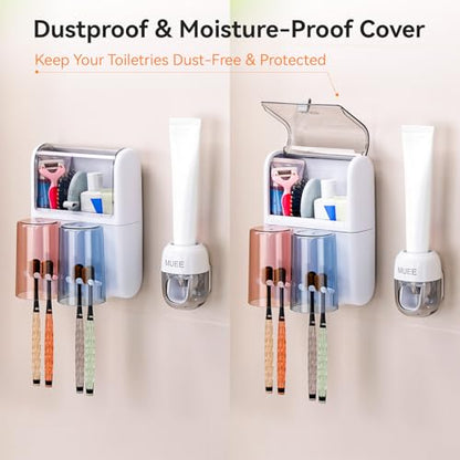 Toothbrush Holder Wall Mounted with Automatic Toothpaste Dispenser, Dustproof Flip Cover and Inverted Cup Slots, Multi-Functional No-Drill Bathroom Organizer for Family, Space Saver (2 Cups) - color: 2 Cups