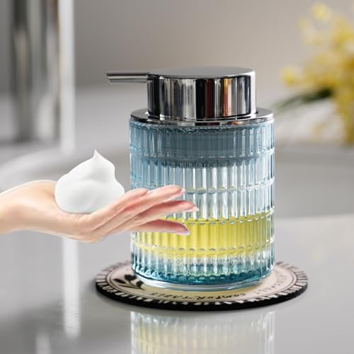 CICUFY Glass Foam Soap or Lotion Dispenser, Refillable Liquid Dispenser with Large Silver Pump (Striped Pattern-Blue) - color: Blue, style: Foam/Striped Pattern