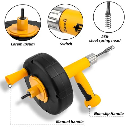 Drain Augers, Clog Remover with Drill Adapter, 25 Feet Heavy Duty Flexible Plumbing Snake Use Manually or Powered