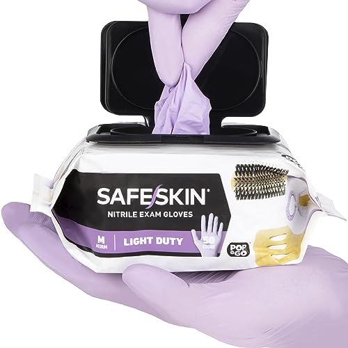 SAFESKIN Disposable Nitrile Gloves in POP-N-GO Pack of 50 or 200 Powder Free - Hair, Cleaning, Medical Use, Food Handling - size: Large (Pack of 50)