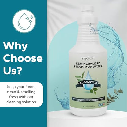 Steam & Go Demineralized Water for Steam Mop – Eucalyptus Mint Scent, 32 oz (Pack of 12) | Scented Floor Cleaner Solution, Ready-to-Use, Compatible with Any Steam Cleaner - size: 32 Fl Oz (Pack of 12)