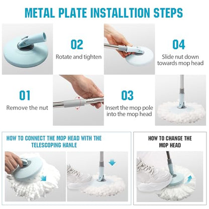 Spin Mop and Bucket with Wringer Set, 360° Spinning Mop Bucket System with 3 Microfiber Mop Replacement Heads and 50" Stainless Steel Adjustable Handle for Floor Cleaning - color: Blue-3