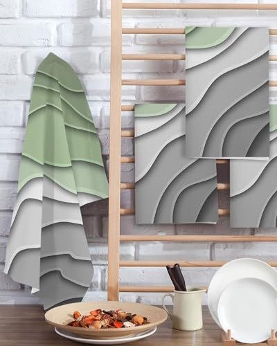 Modern Abstract Hand Towels Set,Waffle Weave Kitchen Towels 2 Pieces,Microfiber Hair Face Bath Tea Towel Absorbent Quick Drying Cleaning Dish Cloths,Ombre Sage Green Geometric Line 15.7"x23.6" - color: Sage Green, size: 2PCS,15.7"x23.6"