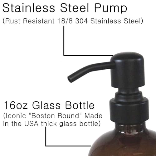 2 Pack Thick Amber Glass Pint Jar Soap Dispenser with Silver Stainless Steel Pump, 16ounce Boston Round Bottles Dispenser with Rustproof Pump for Essential Oil, Lotion Soap - color: Matte Black 1