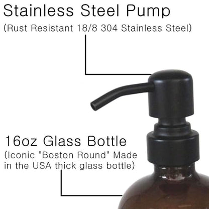 2 Pack Thick Amber Glass Pint Jar Soap Dispenser with Silver Stainless Steel Pump, 16ounce Boston Round Bottles Dispenser with Rustproof Pump for Essential Oil, Lotion Soap - color: Matte Black 1