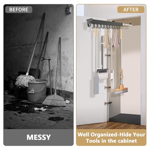 Pull-Out Mop and Broom Holder Slide Broom Closet Organizer Sliding Garage Storage Rack with 20 Adjustable Hooks, 22 in Wall Mount Sliding Organizer Rack for Closet, Kitchen, Laundry