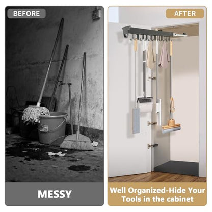 Pull-Out Mop and Broom Holder Slide Broom Closet Organizer Sliding Garage Storage Rack with 20 Adjustable Hooks, 22 in Wall Mount Sliding Organizer Rack for Closet, Kitchen, Laundry