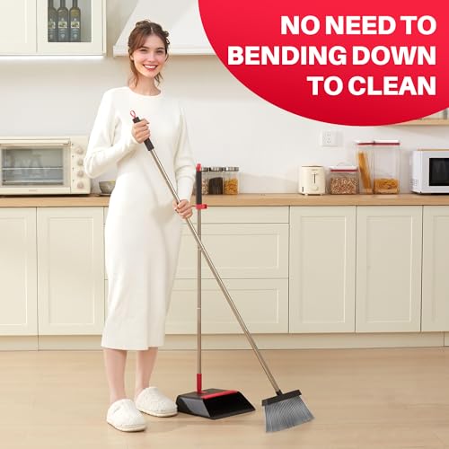 JOYMOOP Black and Red Broom and Dustpan Set, Upright Angle Design with Built-in Comb Teeth for Home, Office, Hard Floors - color: Black & Red