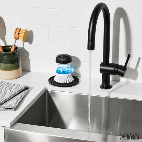 OYV Soap Dispensing Palm Brush, Dish Brush Set with Silicone Drip Tray and One Refill, Kitchen Dish Scrub Brush for Cleaning Pots, Pans, Sinks - color: White/Clear/Black