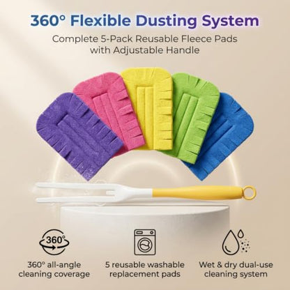 Reusable Duster Refills Compatible 5 Pack Washable Wet Pads with Handle 360°Heavy Included Damp Home Cleaning Fleece for Fan Blinds Furniture Window Kitchen Floor
