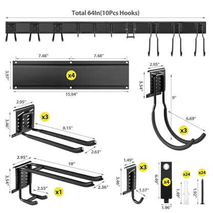 Tool Storage Rack Wall Mount, 64 Inch Adjustable Garden Tool Organizer, Heavy Duty Garage Wall Organizer Rack, Yard Tool Organizer System for Rake Shovel Broom Mop Wall Holder