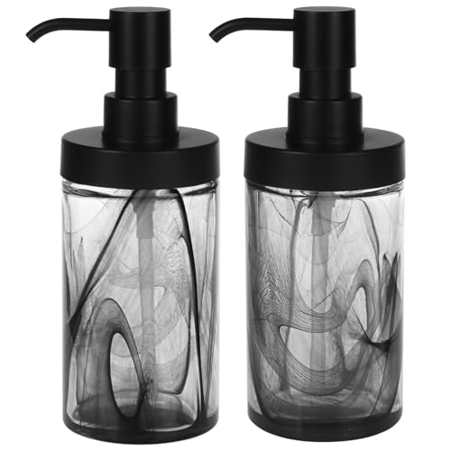 2 Pcs Lotion Dispenser,12.5 Oz Black Moire Wide Open Glass Hand Soap Dispenser for Bathroom & Kitchen, Dish Soap Dispenser with Easy-to-Press Pump and Waterproof Labels - color: Black002
