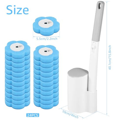 Toilet Cleaning Kit Wall Mounted Toilet Brush with 24 Refills Gray White Extended Handle Replacement Heads 360 Deep Cleaning Comfortable Grip for Bathroom - color: Handle+24 Refills