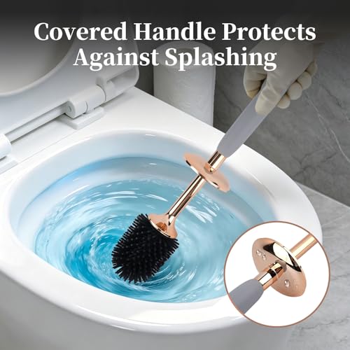 Toilet Brush and Holder Set, Toilet Bowl Brush with Long Handle, High-End Modern Silicone Toilet Brush Set, Non-Scratch Hygienic(Matte Black + Gold, A),Father's Day - color: Matte Black + Gold