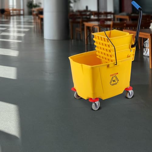 Side-Press Mop Bucket 36 L/9.5 Gallons | Heavy-Duty Plastic Wringer | One-Hand Squeeze & Non-Spill Wheels | for Home/Commercial Floor Cleaning (Yellow, 9.5 Gallons/38 Quart)