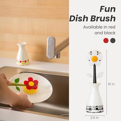 Vigar Flower Power Dish Brush - Flower-Shaped, Dish Brush with Handle, Dish Scrubber with Stand, Scrub Brush for Dishes, Dishwashing Brush, Kitchen Scrub Brush, Kitchen Essentials - White, Red - color: Red