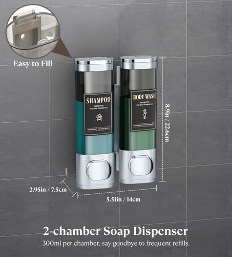 Luxspire Shampoo and Conditioner Dispenser, No Drill Wall Mounted Shower Soap Dispenser 2 Chamber with Waterproof Labels, Easy Refill Soap Dispenser for Bathroom Hotel Kitchen, Silver - color: Silver, size: 2 Chamber