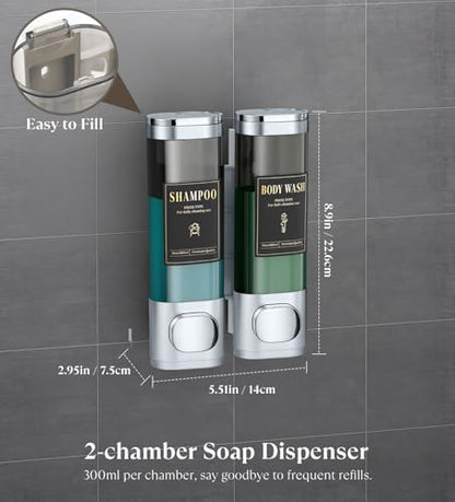 Luxspire Shampoo and Conditioner Dispenser, No Drill Wall Mounted Shower Soap Dispenser 2 Chamber with Waterproof Labels, Easy Refill Soap Dispenser for Bathroom Hotel Kitchen, Silver - color: Silver, size: 2 Chamber