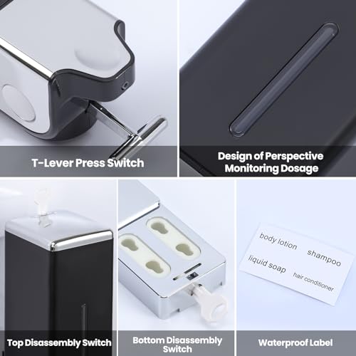 EHORIA 3-in-1 Quadrate Dispensers for The Shower,Shower soap Dispenser,Conditioner Dispenser, Shampoo Dispenser,No Drilled Wall Mounted Distributor,Hotel,Bathroom,Home - color: Triple, Black
