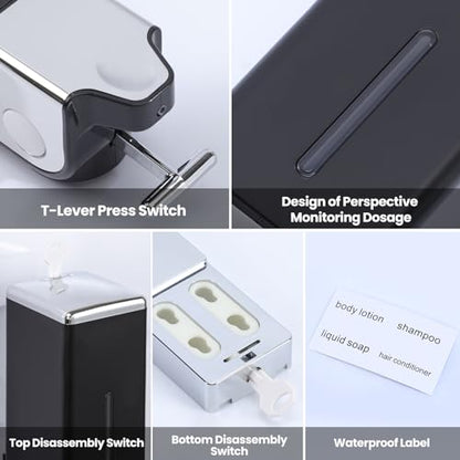 EHORIA 3-in-1 Quadrate Dispensers for The Shower,Shower soap Dispenser,Conditioner Dispenser, Shampoo Dispenser,No Drilled Wall Mounted Distributor,Hotel,Bathroom,Home - color: Triple, Black