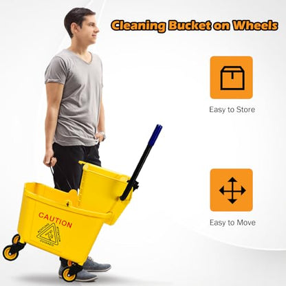 ARLIME Mop Bucket with Wringer On Wheels, 35 Quart Capacity Portable Wringer Trolley on Wheels, Side Press Floor Cleaning Wavebrake w/Handle, Mop Bucket for Home, Commercial, Restaurants - size: 35 Quart