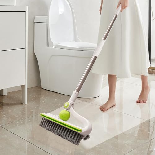43-Inch Long Handle Floor Scrub Brush with Extendable Pole - 2-in-1 Stiff Bristle and Scraper for Tile, Shower, Bathroom, and Garage Cleaning