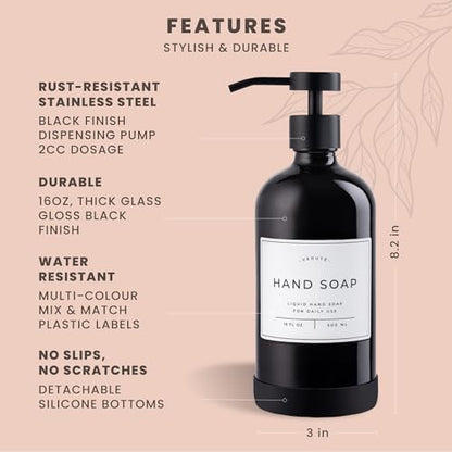 Hand and Dish Soap Dispenser for Kitchen and Bathroom, Set of 2 16 Oz Glass Bottles, Stainless Steel Pumps, Non-Slip Silicone Base, 27 Waterproof Labels (Gloss Black Bottle/Black Pump) - color: Gloss Black Bottle / Black Pump