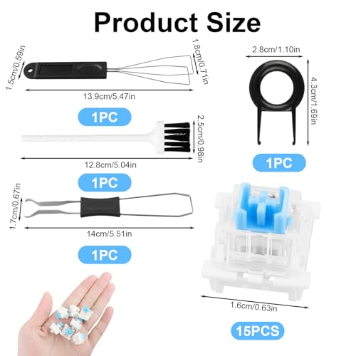 15PCS Blue Switch Replacement with 4PCS Keycap Puller Cleaning Tool Kit,3 Pin Mechanical Keyboard Switches,Dustproof and Waterproof,Accurate Typing, LED Keyboard, Gaming Keyboard