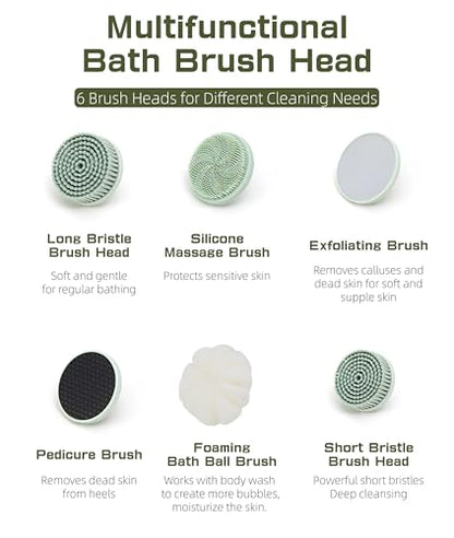 Electric Body Brush Back Scrubber for Shower, IPX6 Water Proof Bath Brush with Long Handle, 6 Heads 3 Speeds Rechargeable Electric Spin Scrubber for Cleanse, Massage, Exfoliate