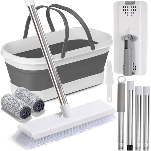 Flat Mop and Bucket Set with Heavy Duty Scrub Brush, 2 Washable Reusable Microfiber Pads, for Tile Hardwood, Wall Cleaning, Home Indoor or Outdoor Cleaning (White-Gray) - size: 5Pcs