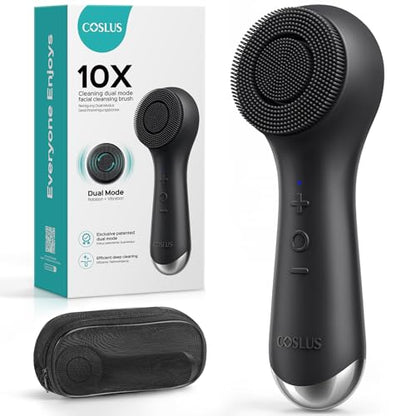 COSLUS FBS03 Face Scrubber Facial Cleansing Brush: 2 in 1 Spin and Vibration Patented, Silicone Electric Exfoliator Scrubber with Automatic Foaming, Waterproof Face Cleanser Brush for Men and Women - color: Black